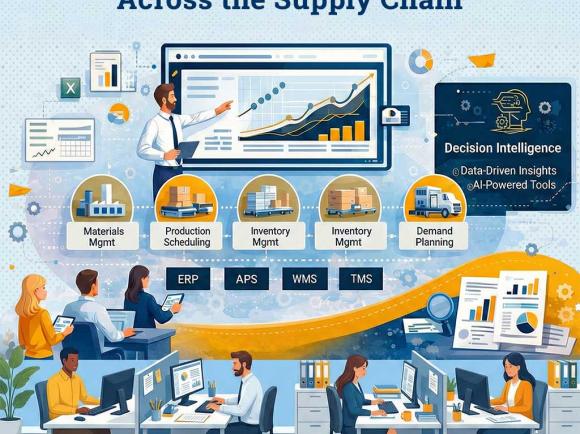 Illustration of supply chain decision intelligence, featuring analytics dashboards and AI‑powered insights supporting materials management, production scheduling, inventory management, transportation, and demand planning.