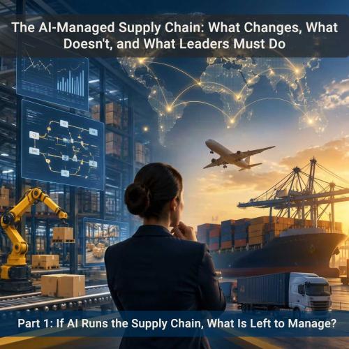A woman in a suit seen from behind looks out over a global logistics hub featuring warehouse automation, digital analytics displays, an airplane in flight, a cargo ship at a port, a semi-truck, and a glowing world map with connected routes.