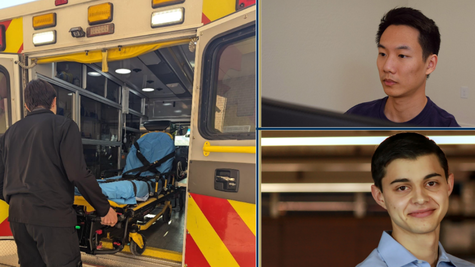 <p>Bradford “Brad” Greer (bottom) and Kevin Ge (top), both 2023 graduates from the George W. Woodruff School of Mechanical Engineering, and founders of CADMUS Health Analytics. Left, Greer loading a stretcher after dropping a patient off.</p> Bradford “Brad” Greer (bottom) and Kevin Ge (top), both 2023 graduates from the George W. Woodruff School of Mechanical Engineering, and founders of CADMUS Health Analytics. Left, Greer loading a stretcher after dropping a patient off.