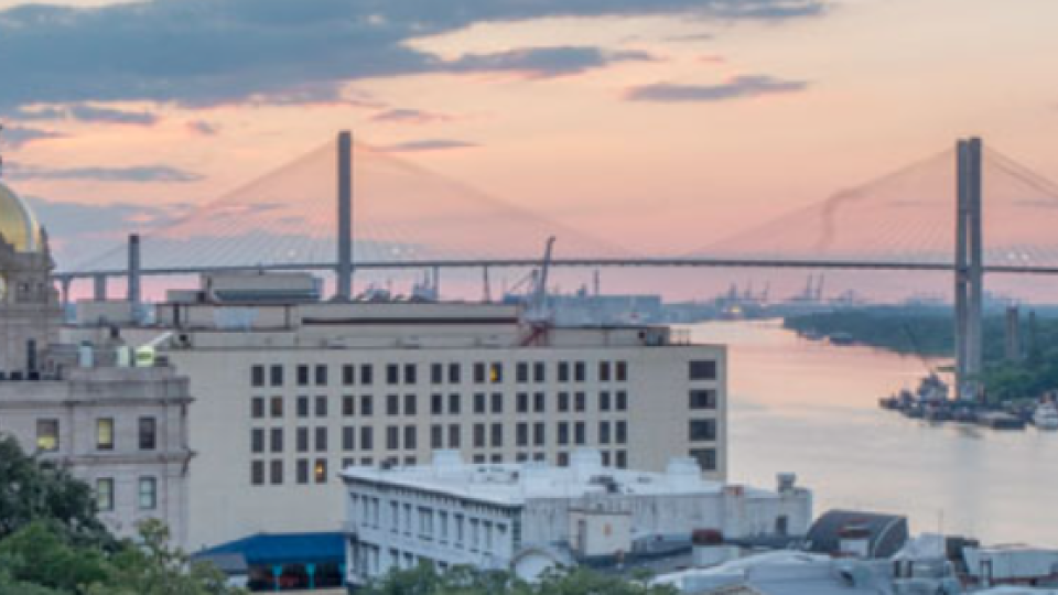 The sun rises over downtown Savannah, Ga.